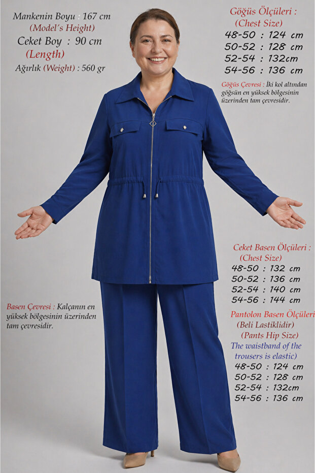 Plus Size Women's Summer High Quality Modal Linen Two-Piece Mom Set Zipper Shirt Pants Comfortable Fit Navy Blue