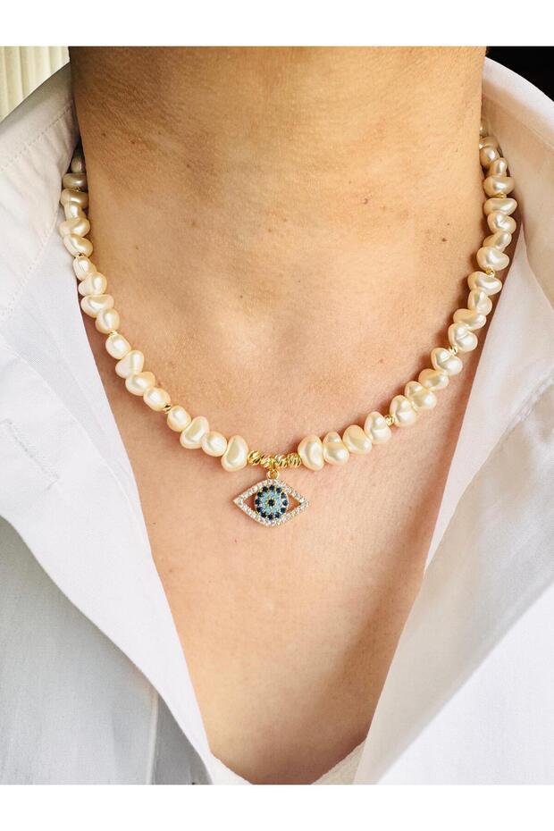 Eye Necklace with Heart and Pearls and Evil Eye Beads 45 cm