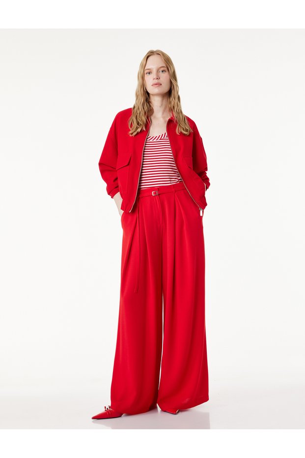 Crepe Fabric Pleated Detail Wide Leg Belted Palazzo Trousers