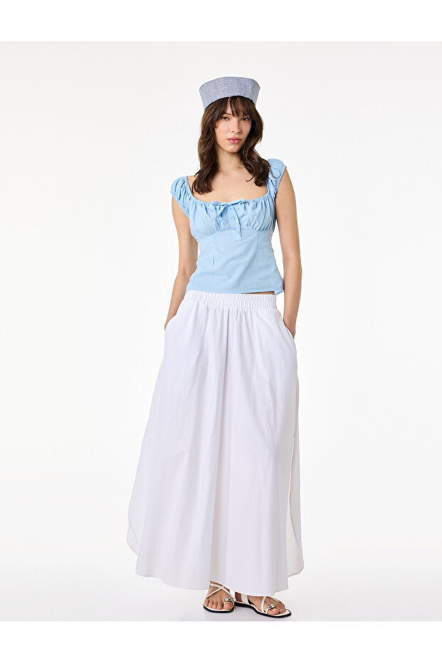 Cotton Pcs Slim Fit Short Balloon Sleeve Tie-Detail Cropped Blouse