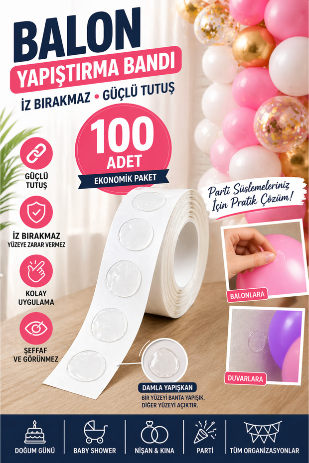 FESTİLO Balon Yapıştırma Bandı 100 Adet İz Bırakmaz Balon Sabitleyici