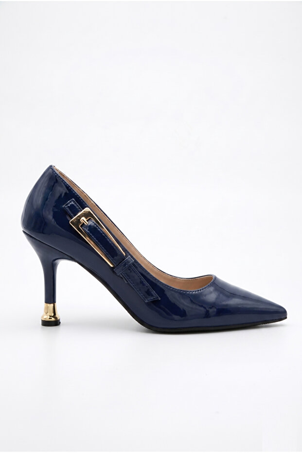 Women's Special Design Thin Heeled Navy Blue Patent Leather Stiletto with Metal Accessories
