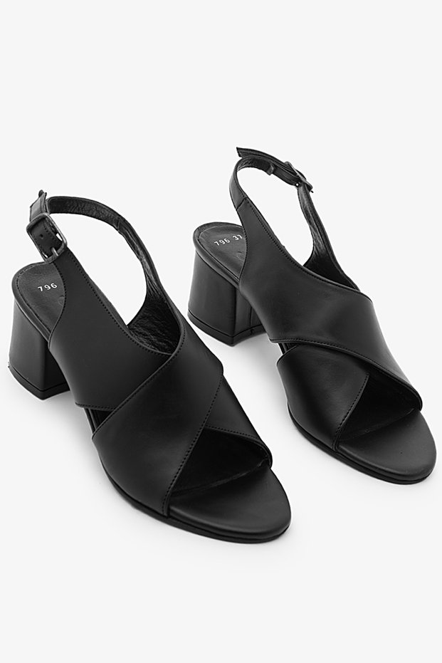 Black Genuine Leather Women's Heeled Shoes Cross Strap Classic Heeled Shoes