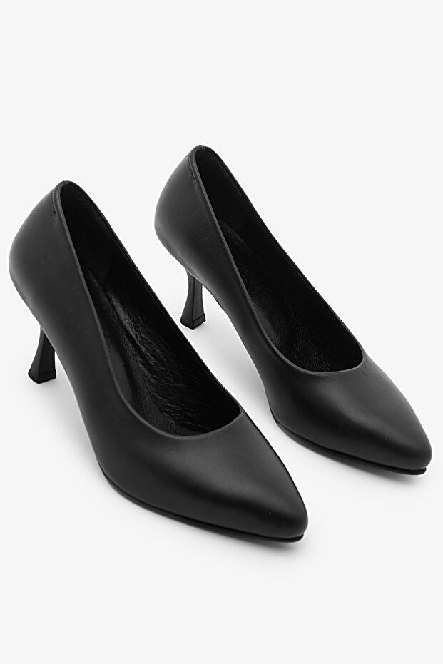 Black Genuine Leather Thin Heeled Stiletto