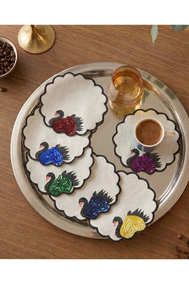 6 Linen Fabric Embroidered Coffee Side Cocktail Napkins & Coasters Serving Napkins