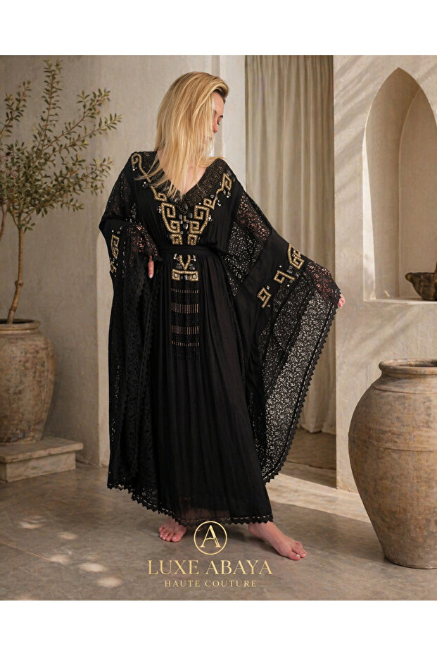 Free Design Gold Embroidered Black Evening Dress Kaftan Abaya