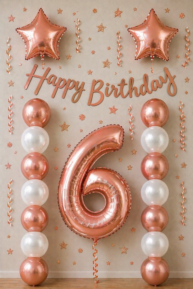 Rose Gold 6Th Birthday Celebration Set; White Gold Balloon, Number Star Foil and Banner