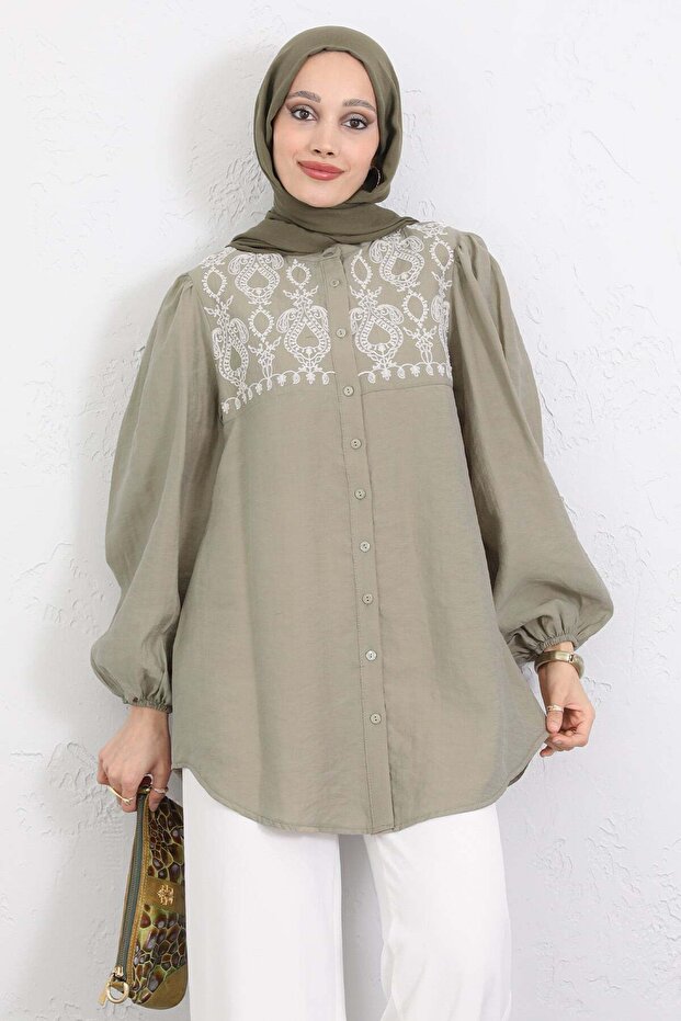 Embroidery Detailed Balloon Sleeve Shirt Y0103 - Light Khaki