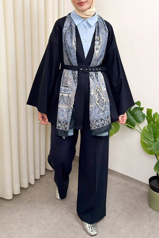 Wide Sleeve Kimono Belted Pants Set 0047 - NAVY BLUE