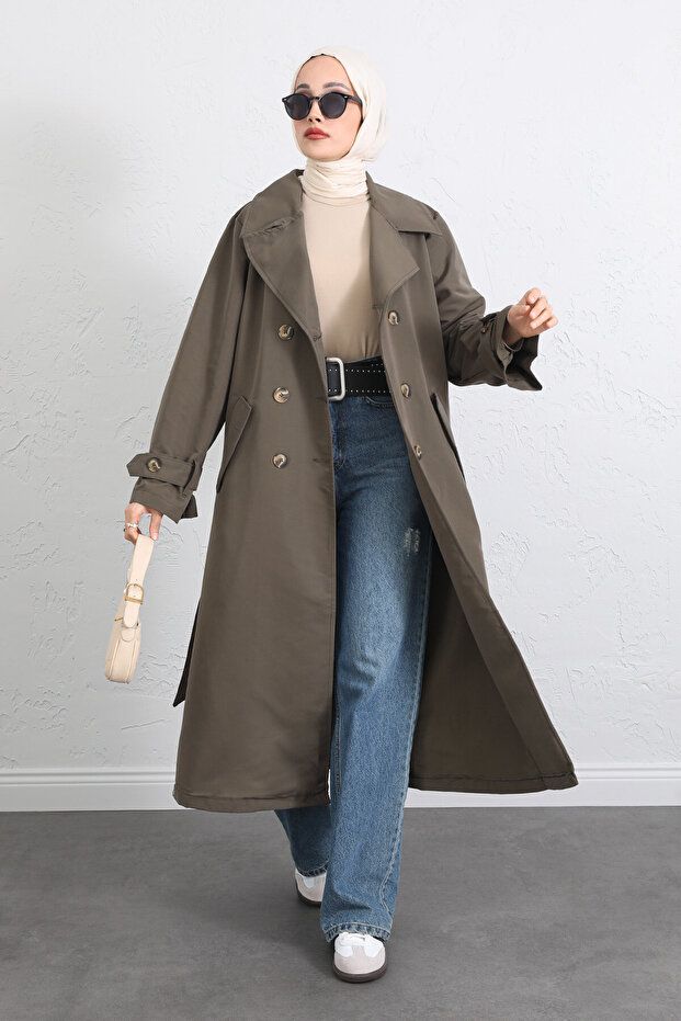 Trench Coat with Back Pockets and Button Detail 5979 - Khaki