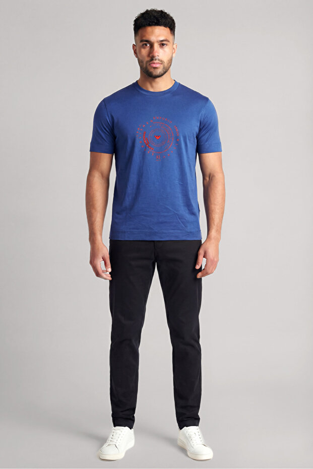 Men's Regular Fit Patterned Round Neck Short Sleeve Navy Blue T-Shirt