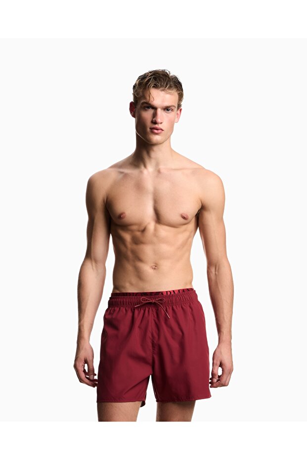 Men's Regular Fit Red Swim Shorts with Elastic Waist and Drawstring
