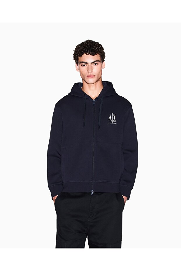 Men's Regular Fit Ax Logo Detailed Zippered Hooded Long Sleeve Navy Blue Sweatshirt