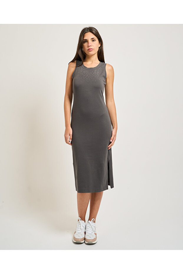 Women's Regular Fit Round Collar Cotton Strappy Midi Length Stone Patterned Gray Dress