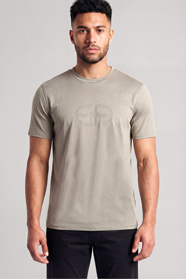 Men's Regular Cut Round Neck Logo Patterned Short Sleeve Gray T-Shirt