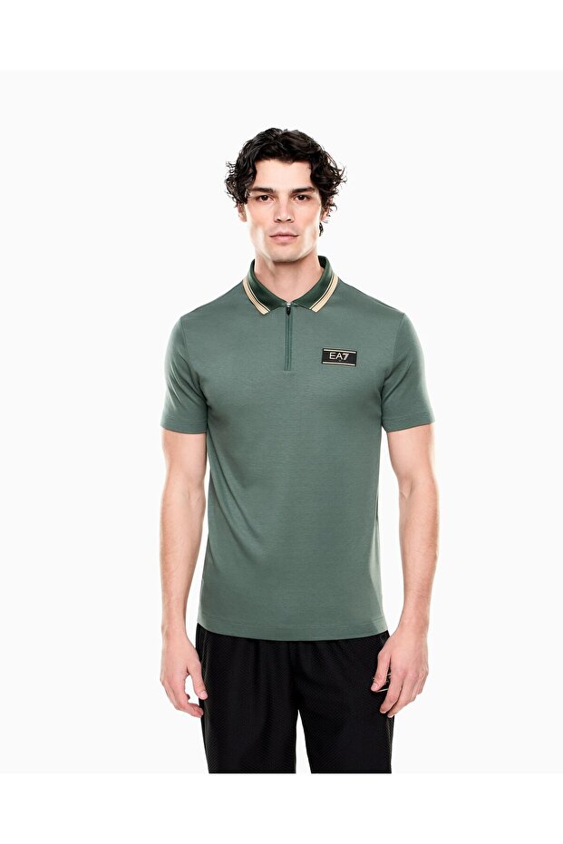 Men's Comfortable Jersey Fabric Half-Zipper Contrast Color Striped Green Polo Collar T-Shirt