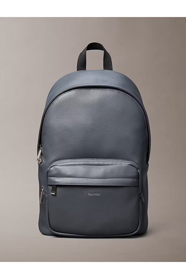 Men's Zipper Closure Small Compartment Ck Letter Pattern Leather Metal Logo Gray Backpack