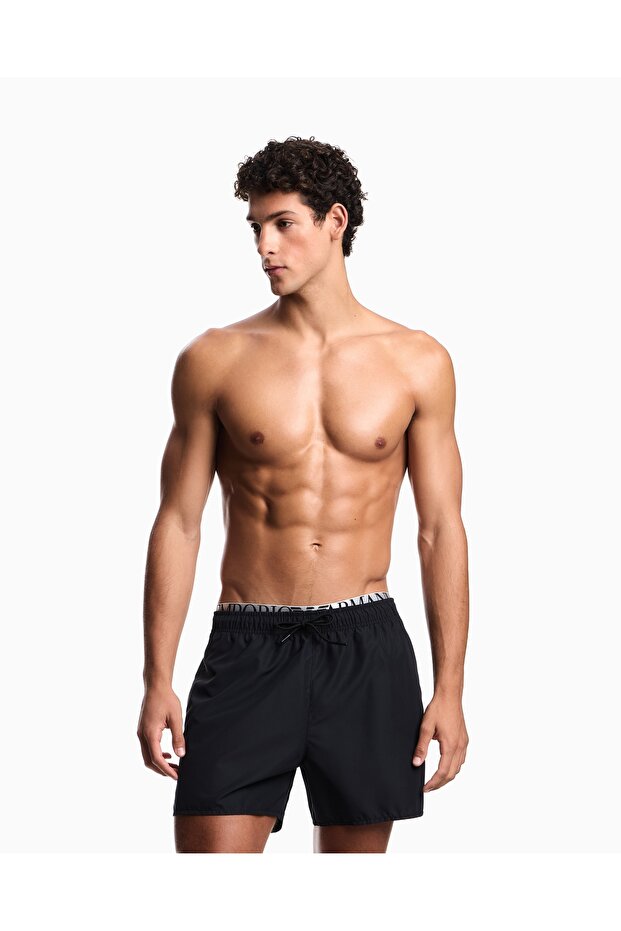 Men's Regular Fit Black Swim Shorts with Elastic Waist and Drawstring