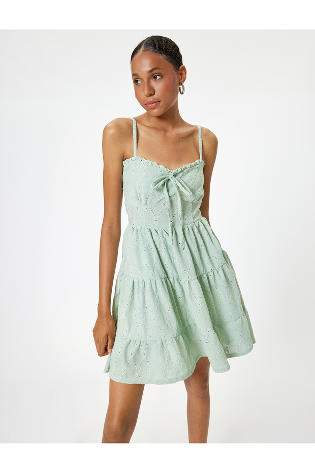 Mini Scallop Dress - Strap, Lace-Up Neckline and Flounce