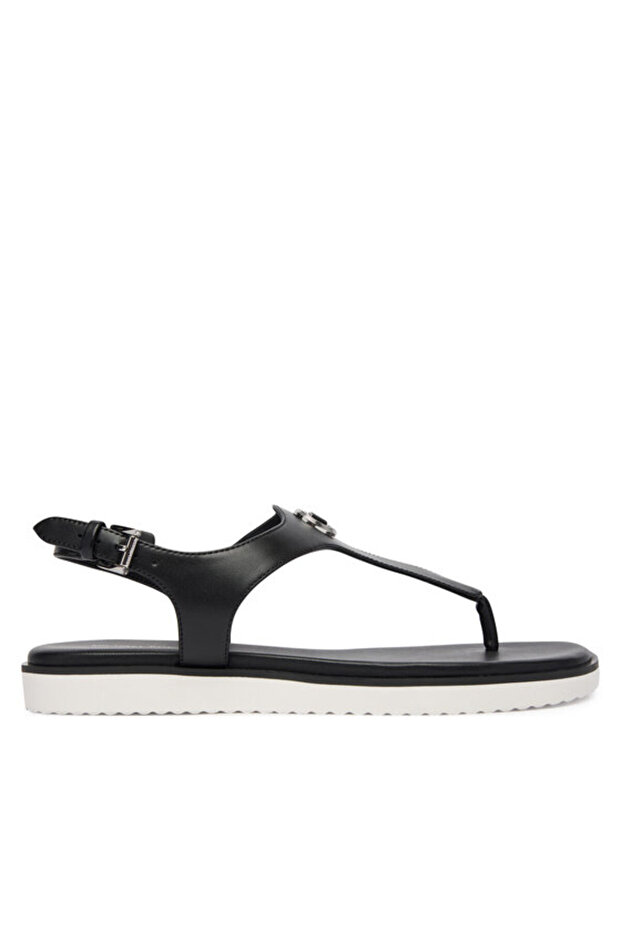 Women's Metallic Logo Detailed Comfortable Sole Leather Black Sandals