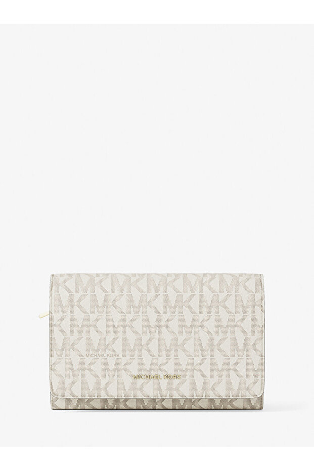 Women's Plain Leather Folded Wallet with Card and Cash Compartments in Ecru