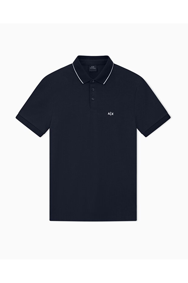 Men's Brand Logo Regular Fit Cotton Short Sleeve Navy Blue Polo Collar T-Shirt