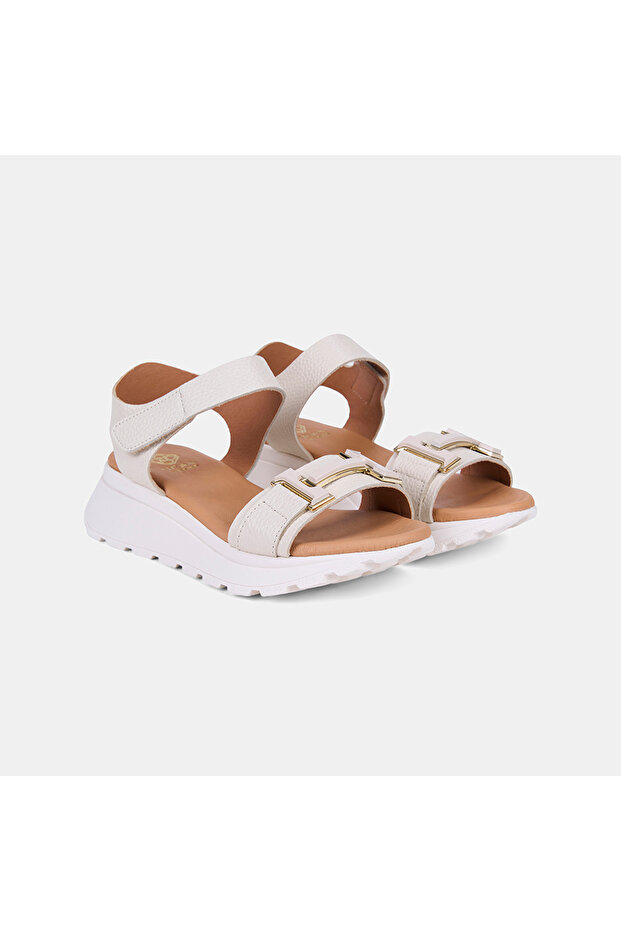 Women's Beige Velcro Wedge Heeled Leather Sandals