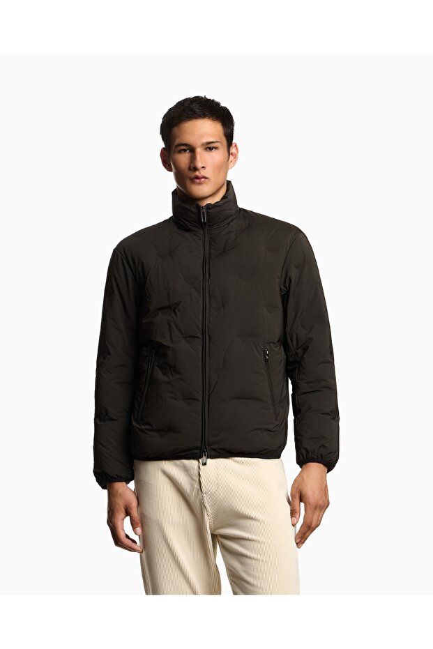 Men's 100% down Stand Collar Zippered Long Sleeve Khaki Coat
