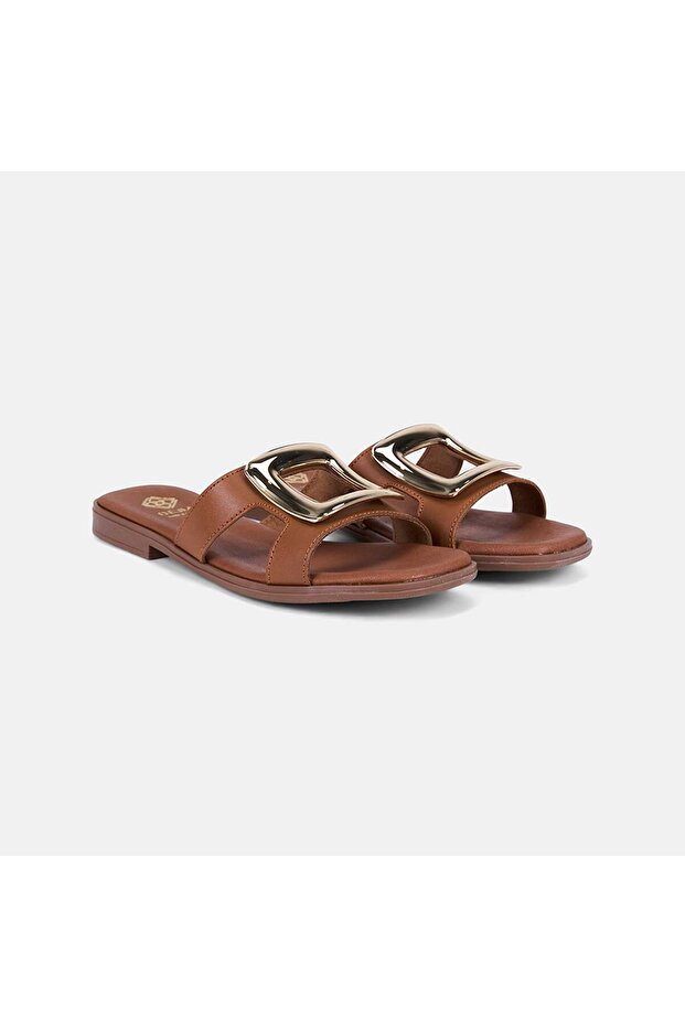 Women's Tan Large Leather Slippers with Gold Accessory Detail
