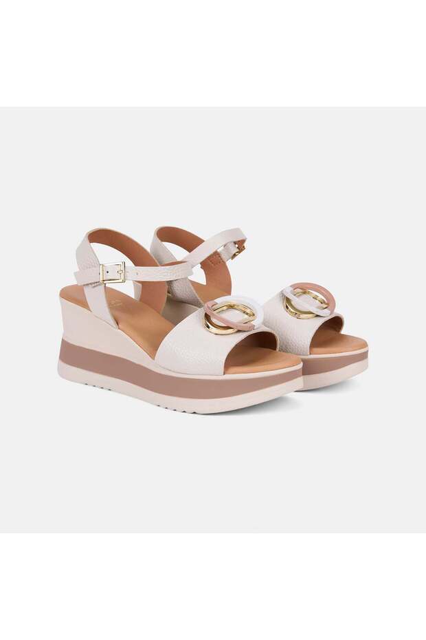 Women's Beige Leather Sandals with Metal Ring Accessories and Wedge Heels