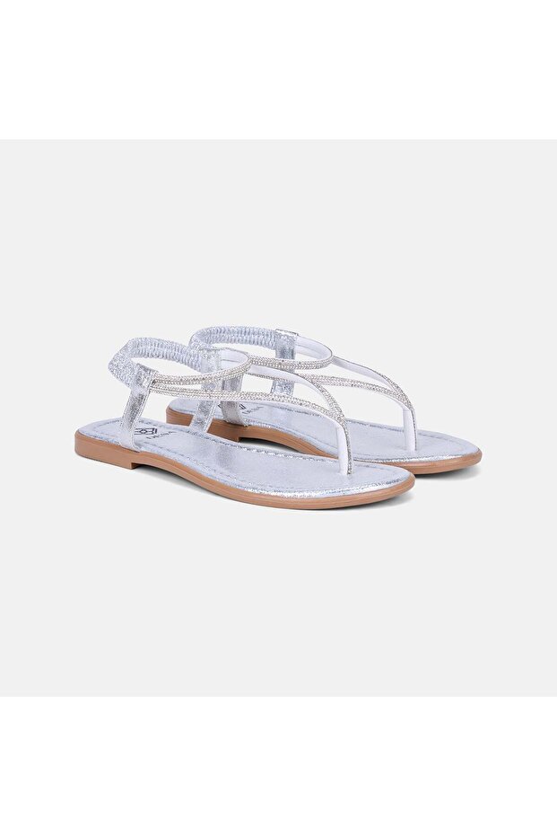 Women's Silver Flip-Flop Sandals with Elastic Back and Stone Detail