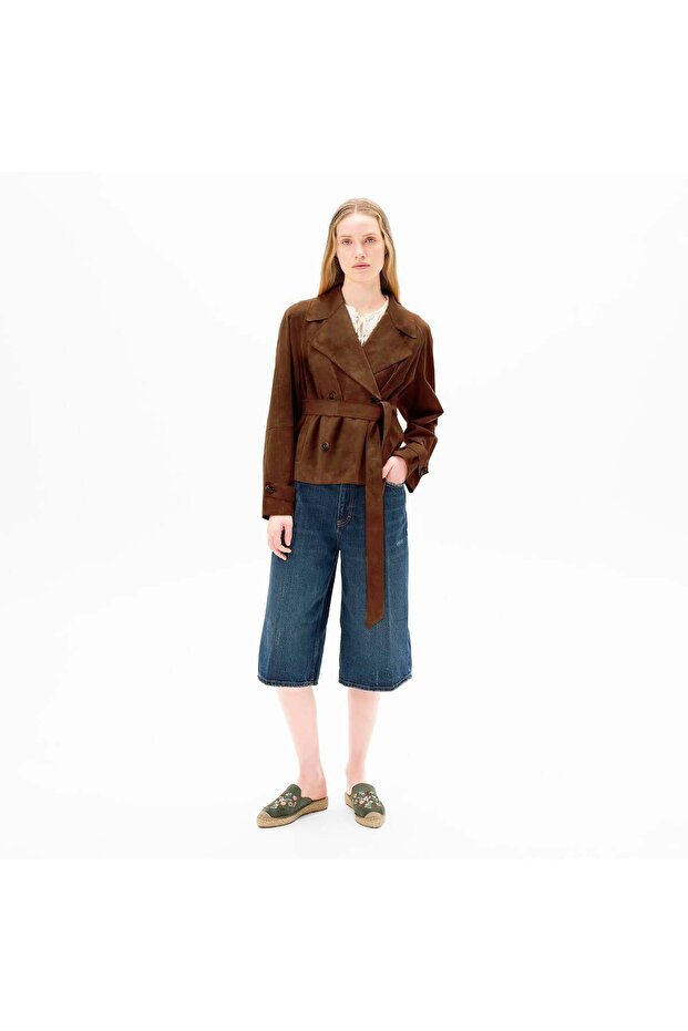 Limited Edition Women's Tan Waist-Tied Suede Short Trench Coat