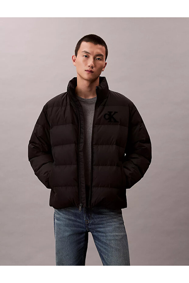 Men's Regular Fit Quilted Patterned Stand Collar Black Jacket with Ck Logo