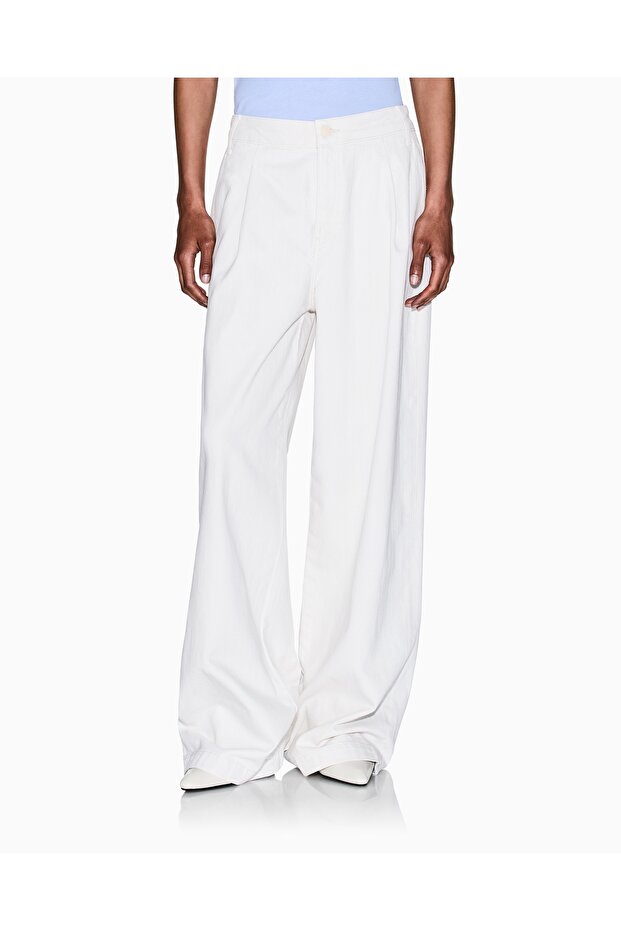 Women's Relaxed Fit Pleated Wide Leg Denim Ecru Trousers