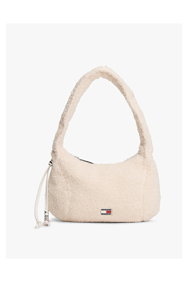 Women's Logo Panel Zippered Short Handle Beige Shoulder Bag