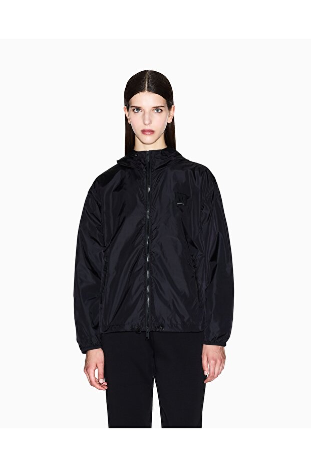 Women's Regular Fit Hooded Elastic Waist Long Sleeve Windbreaker Black Jacket