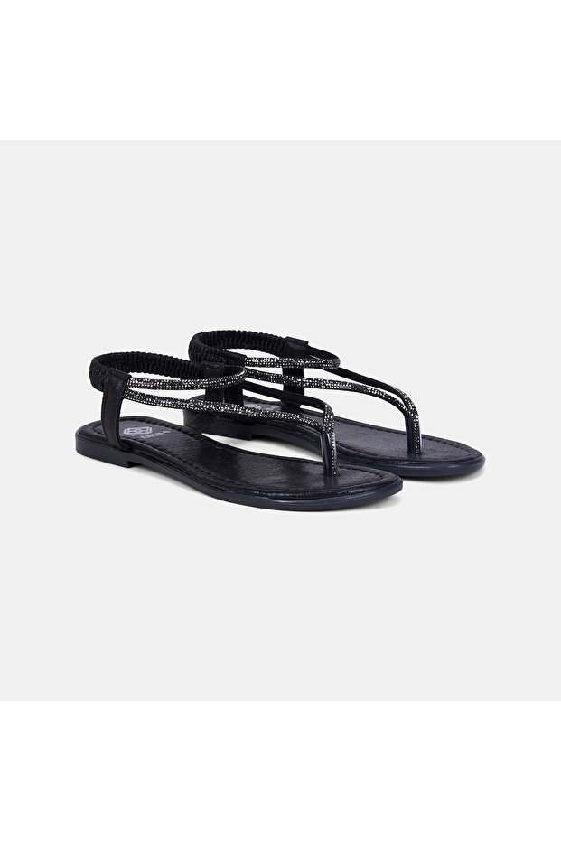 Women's Black Flip-Flop Sandals with Elastic Back and Stone Detail