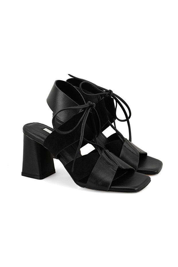 Women's Black Heeled Leather Sandals
