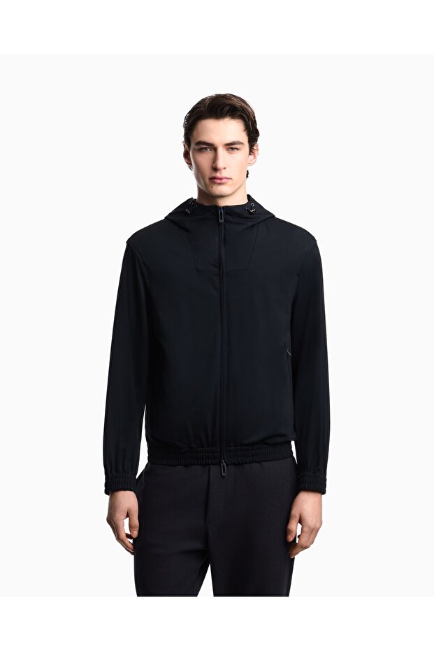 Men's Regular Cut Zippered Elastic Hooded Jacket in Stretch Fabric in Navy Blue