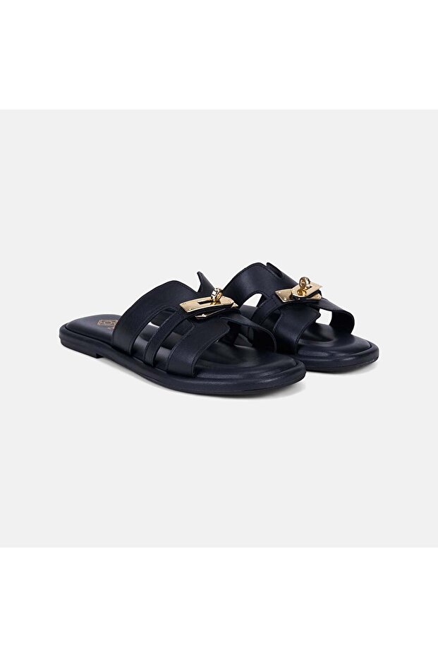 Women's Black Gold Leather Slippers with Lock Detail