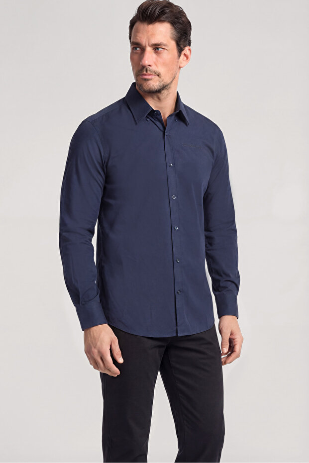 Men's Slim Fit Long Sleeve Navy Blue Shirt with Logo Detail on Chest and Back