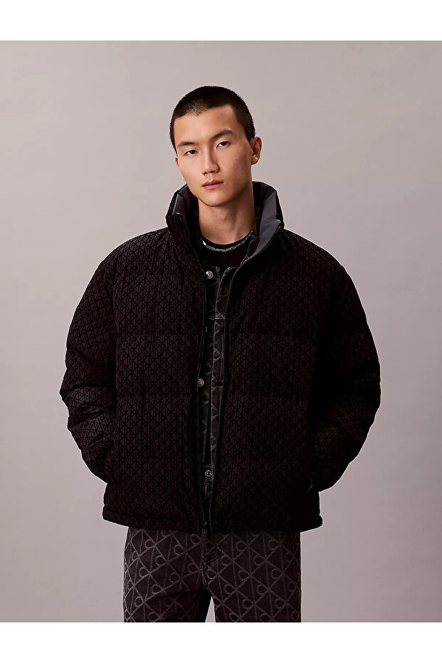 Men's Stand Collar Ck Logo Printed Inflatable Black Coat