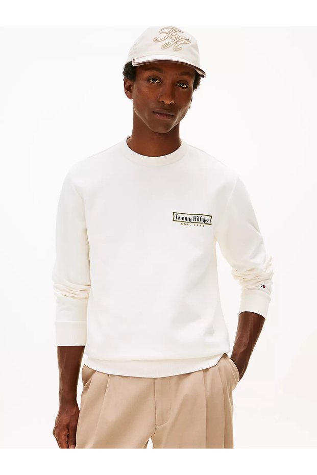 Men's Regular Fit Round Neck Logo Printed Long Sleeve Yellow Sweatshirt