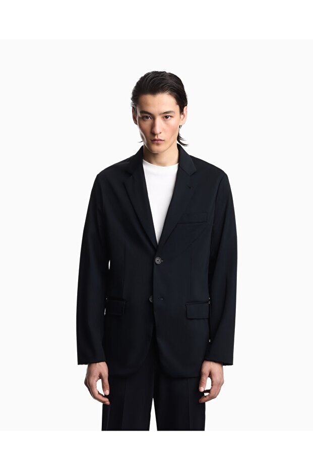 Men's Pocket Detailed Notched Collar Button Closure Long Sleeve Navy Blue Jacket