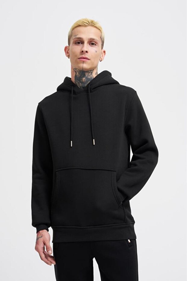 Erkek Regular Basıc Black Hoodıe - 1