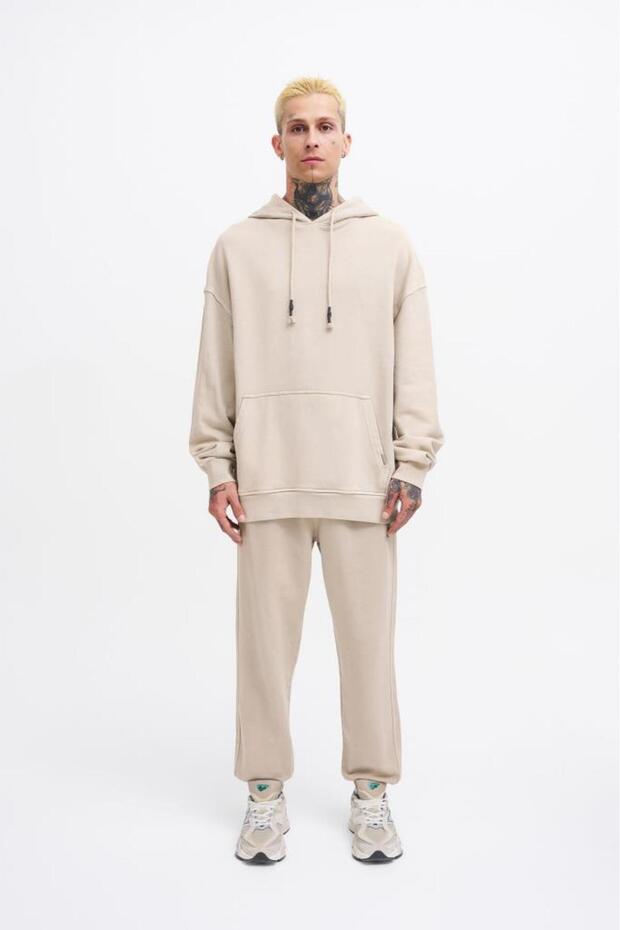 Erkek Yıkamalı Basic Kapüşonlu Oversize Sweatshirt Açık Bej - 5