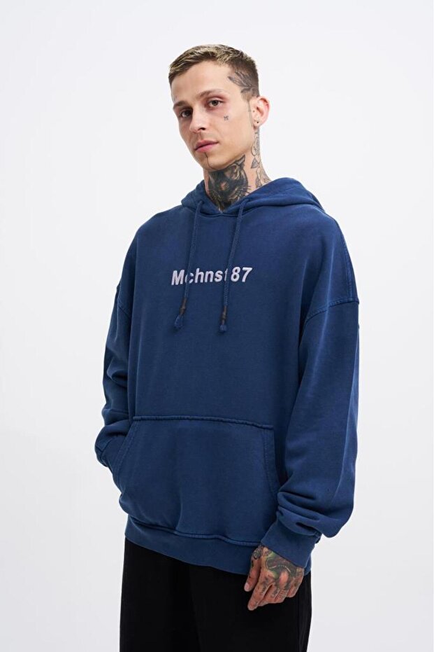Men's Washed Embroidered Hooded Oversize Navy Blue Sweatshirt