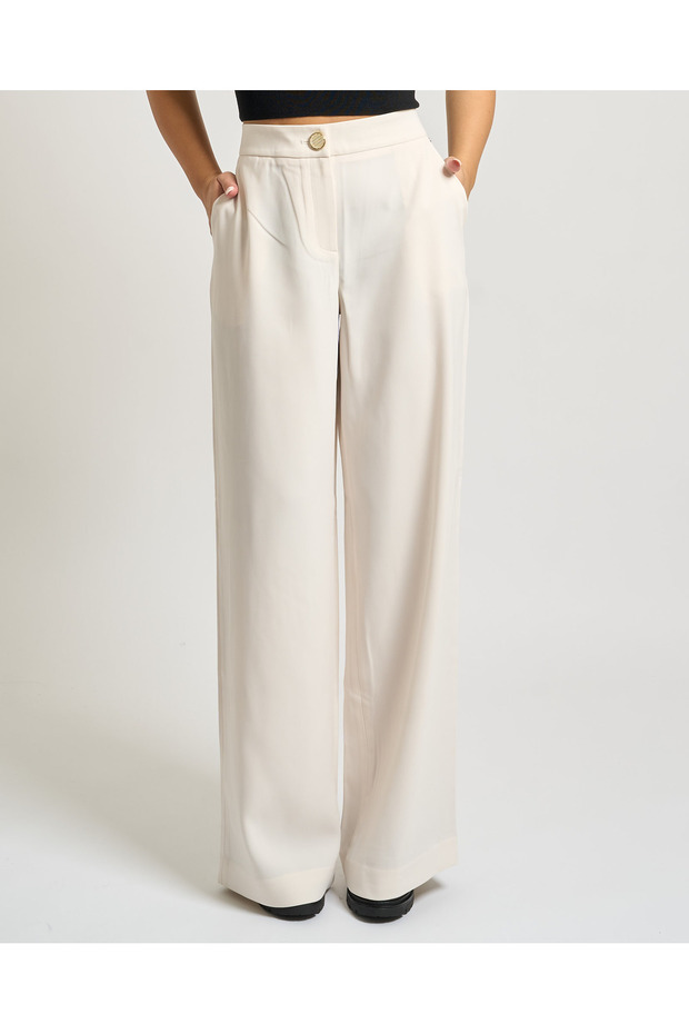 Women's Regular Waist Comfortable Fit Wide Leg Ecru Trousers