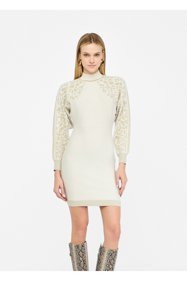 Women's Patterned Cowl Neck Knitted Mini Ecru Dress