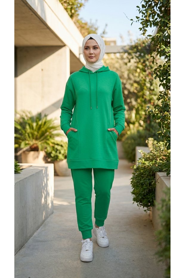 Women's Green Hooded Pocketed 100% Cotton Seasonal Jogger Pants Sports 2-Piece Hijab Tracksuit Set _2273